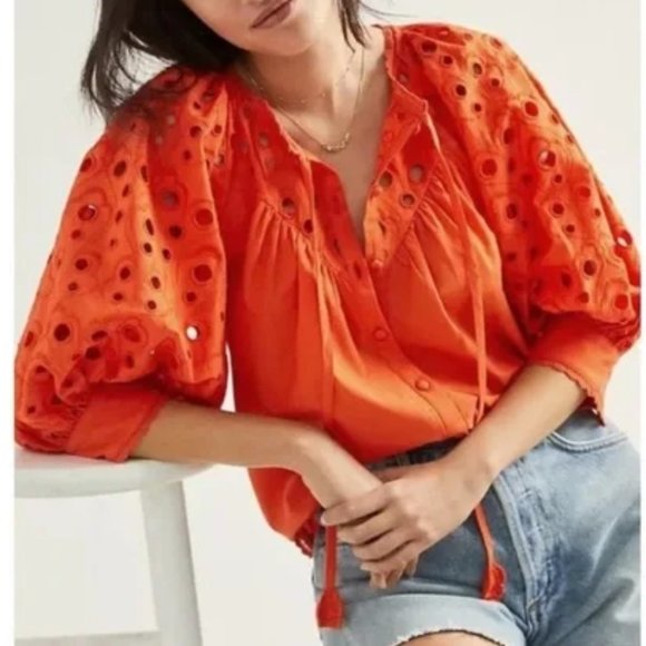 Anthropologie Tops - NWT ANTHROPOLOGIE + | Orange "Chantal Eyelet Blouse" Puffed Sleeves Cotton Top